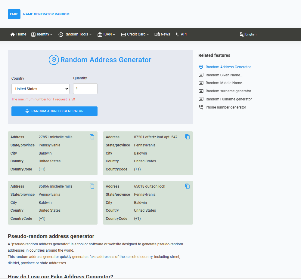 Result fake address generator